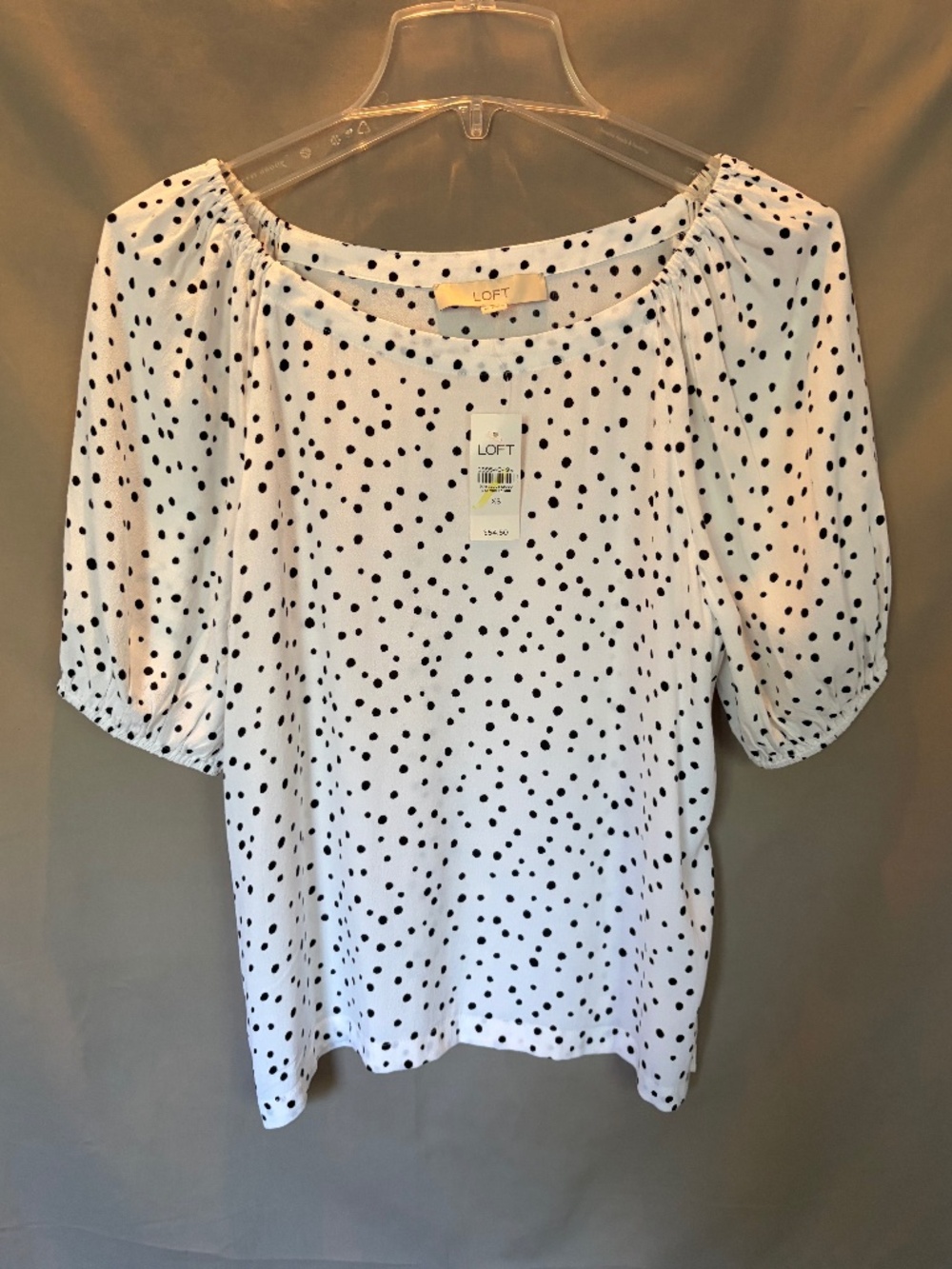 LOFT Puff Sleeve Boatneck Blouse in White with Black Polka Dots, Size XS - NWT